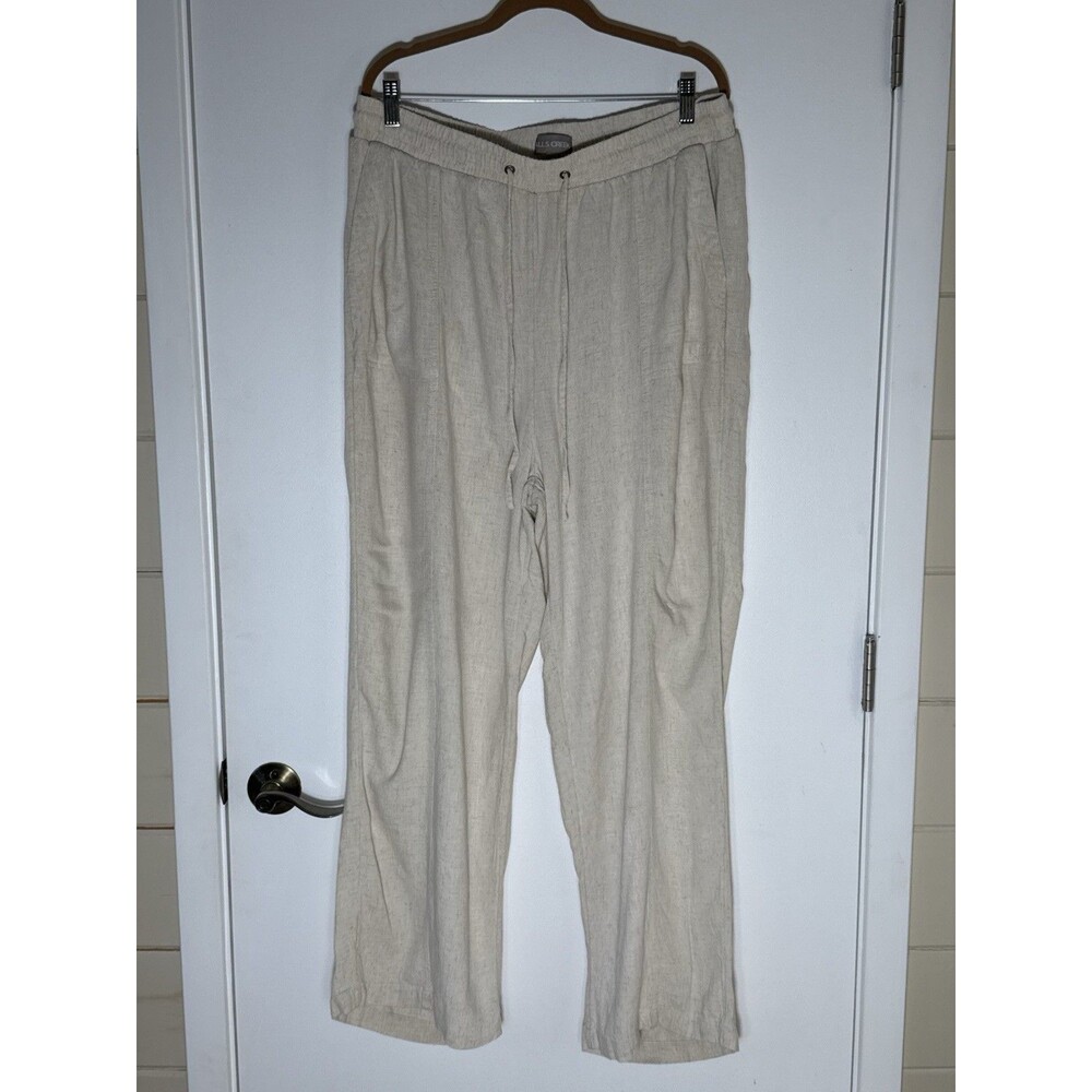 FALLS CREEK Pants Womens Tall XL Beige Wide Leg Drawstring Linen Euro Summer